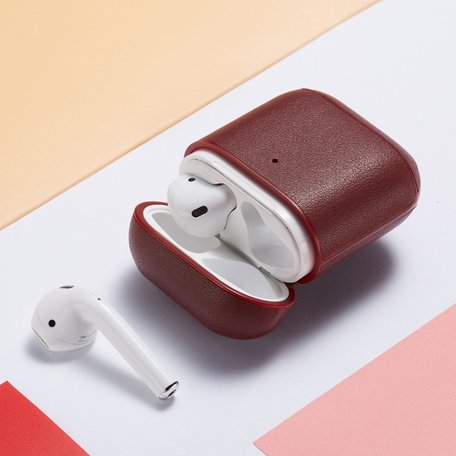 AirPods 1/2 hoesje Genuine Leather Series - hard case - Wijn rood